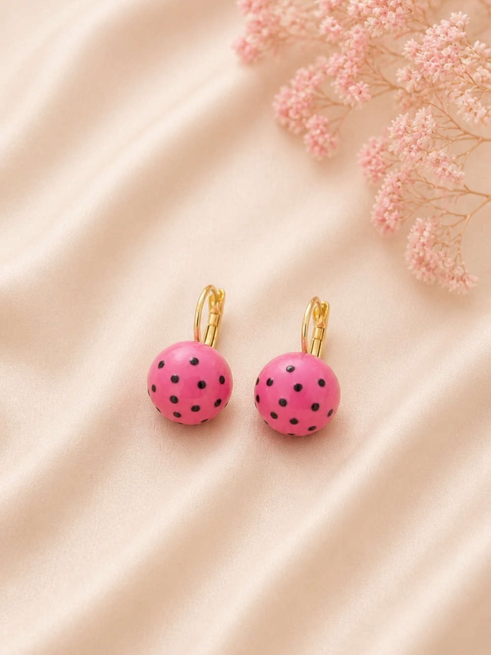 Pink Polka Dot Drop Earrings with Gold Hooks